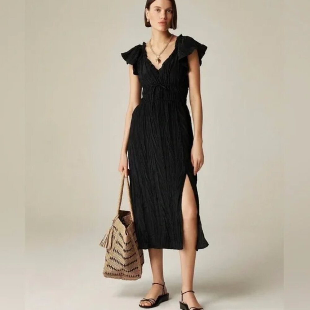 J.Crew black flutter sleeve Palermo dress in viscose blend crinkle - Tall Large
